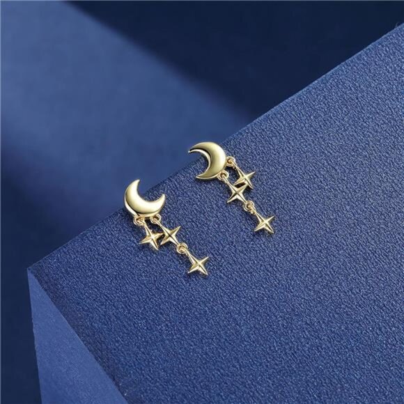 Star & Moon Stud Earrings – Rhodium/Gold Hypoallergenic - Picture 6 of 6